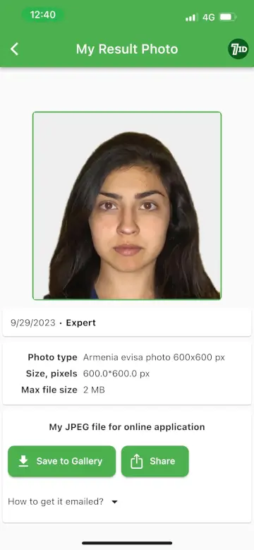 7ID App: Armenian e-Visa Photo Example