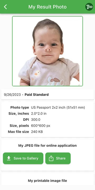 Exemplu de fotografie pentru pașaport pentru bebeluși (versiunea premium)