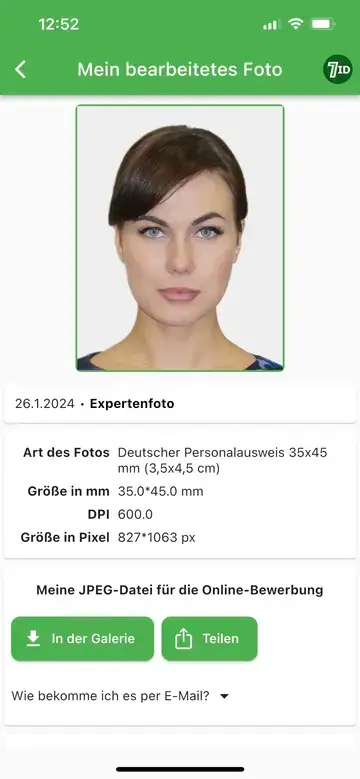 7ID-app: Exempel på tyskt passfoto