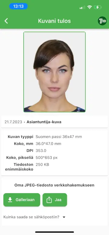 7ID App: Finland Passport Photo Example