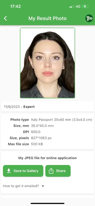 7ID App: Italian passport Photo Example