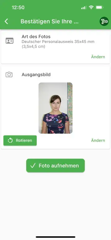 7ID-app: Redigerare för tysk passfotostorlek