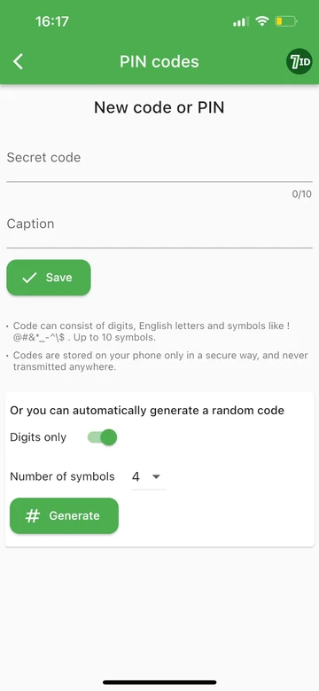 7ID: aggiungi un nuovo codice PIN o generalo
