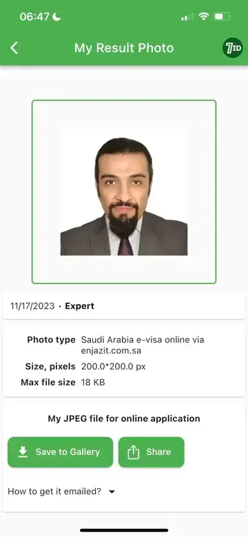 7ID: esempio di foto di visto per l'Arabia Saudita