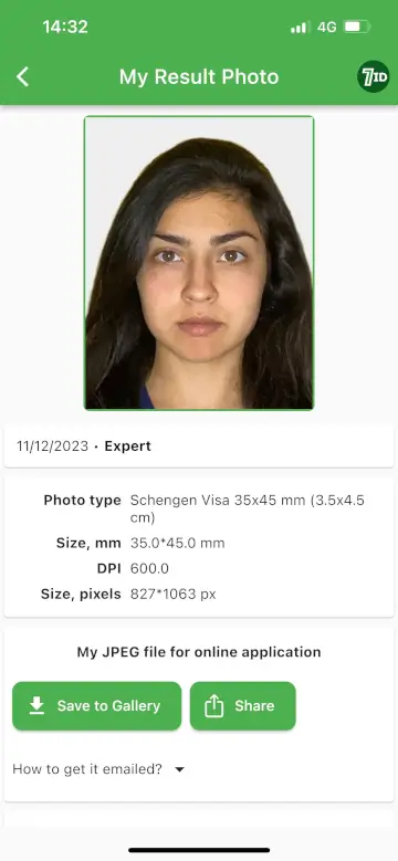 7ID App: Schengeni vízum fényképes példa
